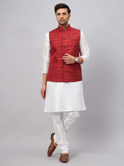 Vastramay Men's Maroon Matka Silk Nehru Jacket With White Silk Blend Kurta Pyjama Set